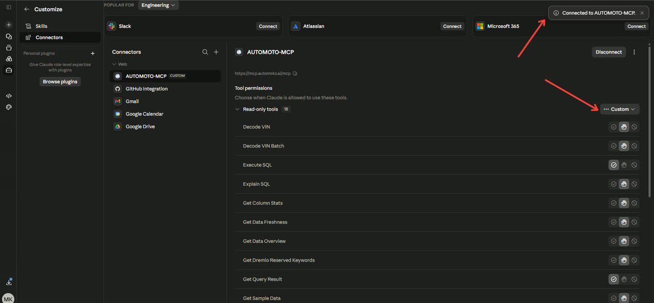 Connected — tool permissions